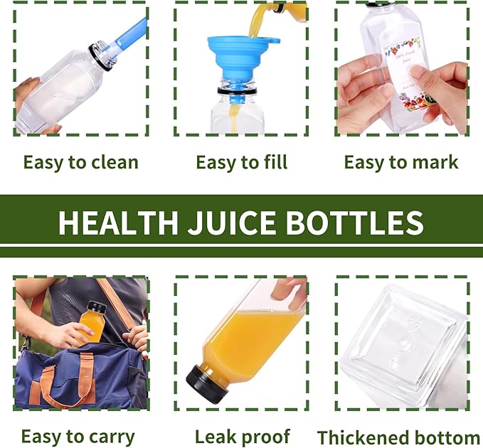 SUPERLELE 12pcs 12oz Plastic Juice Bottles with Caps, Clear Reusable Juice Containers with Lids for Juicing, Smoothie, Drinking and Other Beverages