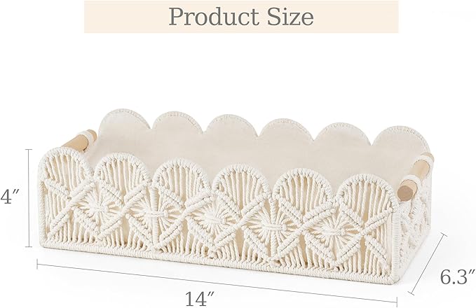 Mkono Macrame Storage Basket, Scalloped Edge Toilet Paper Basket Boho Woven Decor, Small Countertop Organizer with Handles for Shelf, Living Room, Bedroom, Home,Office, 1 Pack, Ivory