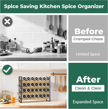 EsLuker.ly Spice Seasoning Rack Organizer Kitchen Countertop, 4 Tier Bamboo Spice Shelf Holder Storage with 4 Hooks, Wall Mounted Freestanding Stand for Pantry, Quick Spice Access(Jars Not Included)