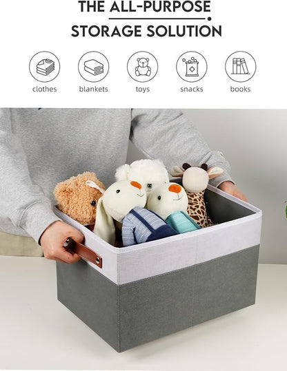 [6-Pack] Fabric Storage Bins (15x11x9.5 ) Reinforced 2.5mm Cardboard Shelf Bins with PU Leather Handles Durable Storage Baskets for Closet Organization, Toy Organizer, & Home Office White&Grey