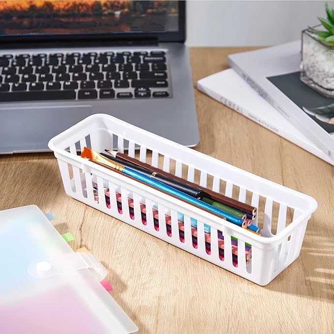 Domensi 12 Pack Slim Plastic Storage Baskets Tray for Organizing 10.25x3.25x2.5 Inch Small Narrow Storage Bins Stackable Drawer Pencil Trays Holder for Desk Garage Cabinet Container (White)