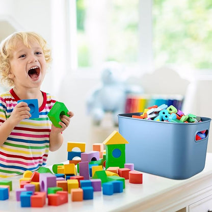 Hoolerry 8 Pieces Colorful Storage Bins with Lid, Plastic Storage Basket Organizing Container Stackable Box with Handle for Shelves Desktop Playroom Office(16.1 x 12.0 x 9.7 Inch,Blue)