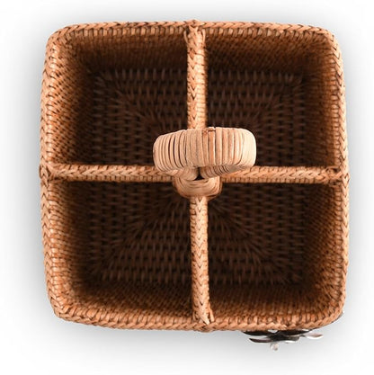 Vagabond House Utensil Caddy - Elegant Rattan Cutlery Holder for Party, Designer Utensil Holder with 4 Compartments, Functional Wicker with Pewter Orchid Flower, Ideal for Tropical Home 12 Inches