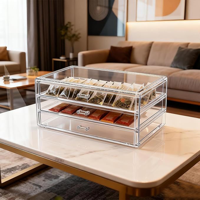 1 Pc Acrylic Storage Drawers, 9.3 X 5.3 X 4 Inch Clear Storage Drawers with 3 Drawer Stackable Makeup Organizer Cosmetic Display Case Stationery Organizer for Dresser, Bathroom, Vanity, Countertop