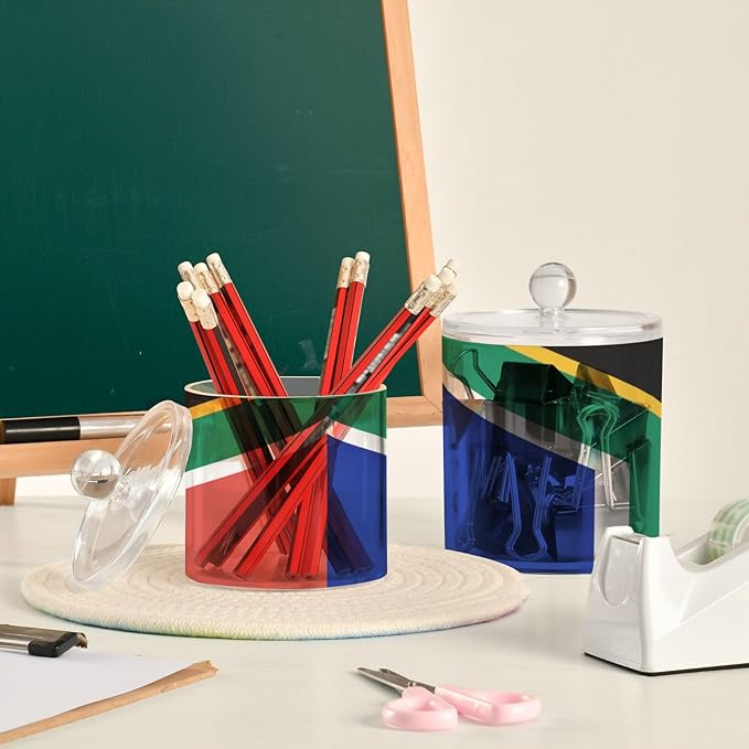 DOMIKING South Africa Flag 2 Pack Bathroom Canisters Cotton Swab Holder Dispenser Plastic Cotton Ball Jar Acrylic Storage Containers for Hair Clips Floss Picks Cotton Ball