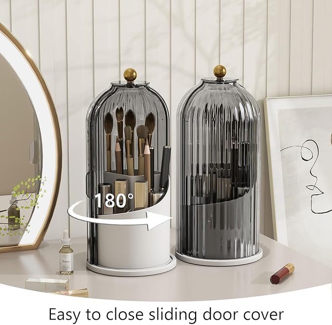 Makeup Brush Holder with Dustproof Cover 360 Rotating Makeup Brush Organizer for Vanity Bathroom, Grey