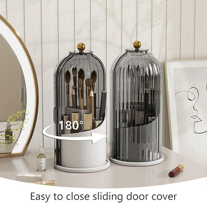 Makeup Brush Holder with Dustproof Cover 360 Rotating Makeup Brush Organizer for Vanity Bathroom, Grey