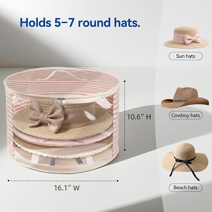 2 Pack Hat Storage Box with Clear Window, Holds up to 7 Caps Cowboy Hat Organizer Bag for Closet for Wide Brim Hats with Carrying Handles, Pink