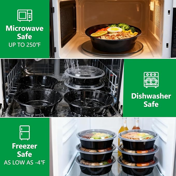 Meal Prep Containers Reusable 50 Pack-28 oz Food Storage Containers with Lids To Go Food Containers Takeout, Microwave Dishwasher Freezer Safe, Stackable, BPA Free, Plastic(Black)