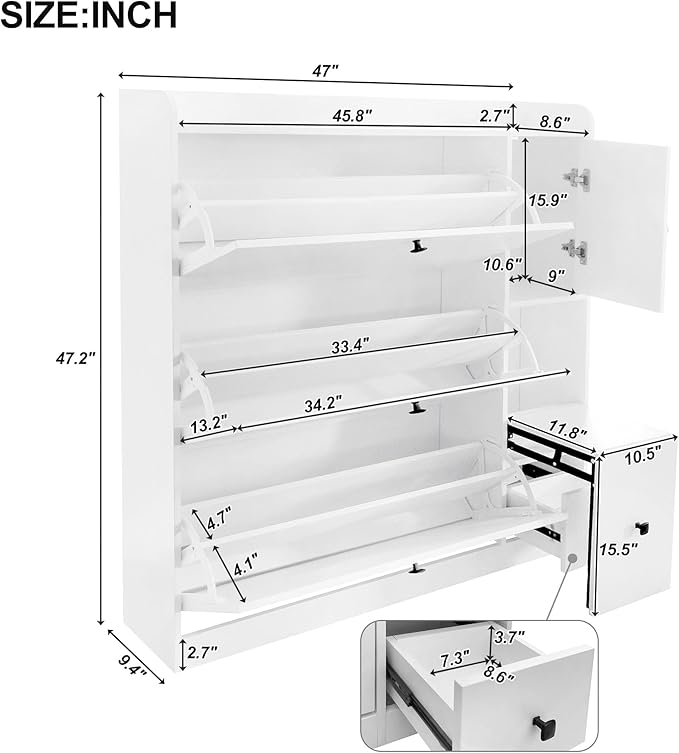 JIVOIT Modern Shoe Cabinet with 3 Flip Drawers and Cabinet, Free Standing Shoe Rack with Pull-Down Seat, Versatile 3-Tier Shoe Storage Organizer for Entryway Hallway (White 7)