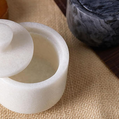 Marble Salt Cellar with Lid & Spoon White, 3-Inch Salt Jar, Kitchen Container for Spice, Marble Storage Box, Spice Jar for Counter, Easy Refill Cleaning