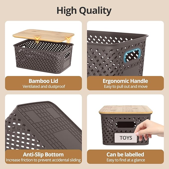 Plastic Storage Bins with Bamboo Lids, Stackable Small Box Baskets for Organizing and Containers for Shelves Drawers Desktop Closet Pantry Classroom Office Home, 6 Pack 10.2x7.2x4.1 Inch, Brown