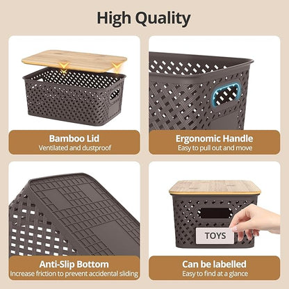 Plastic Storage Bins with Bamboo Lids, Stackable Small Box Baskets for Organizing and Containers for Shelves Drawers Desktop Closet Pantry Classroom Office Home, 6 Pack 10.2x7.2x4.1 Inch, Brown