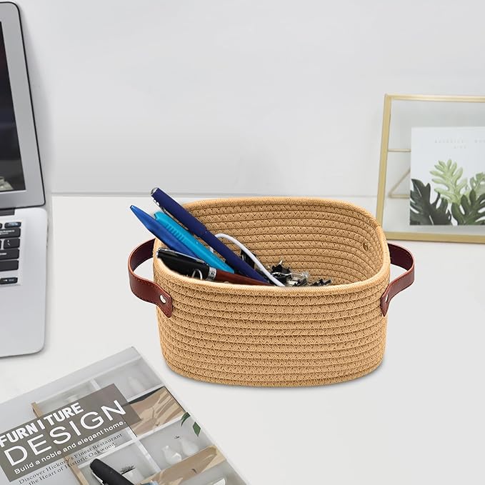 ABenkle Small Storage Basket, Mini Baskets with Handle, Cute Cotton Woven Baskets for Shelves, Boho Decorative Toy Storage Bin for Nursery, Spa, Empty Gift Basket - XS, Brown