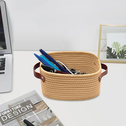 ABenkle Small Storage Basket, Mini Baskets with Handle, Cute Cotton Woven Baskets for Shelves, Boho Decorative Toy Storage Bin for Nursery, Spa, Empty Gift Basket - XS, Brown