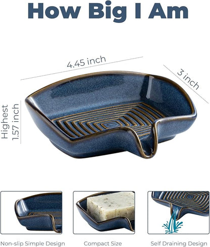 Ceramic Soap Dish, Bar Soap Holder with Drain Spout Self Draining Soap Saver for Shower Bathroom Kitchen Sink Bathtub, Keep Drying, Blue