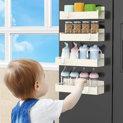 HuggieGems 4 Pack Magnetic Spice Rack Organizer for Refrigerator and Oven, Cream White Fridge Organizers and Storage for Kitchen