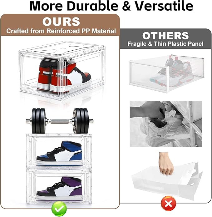 BVBOX Acrylic Shoe Storage Boxes with Magnetic Door - 360° Clear Stackable Shoe Display Box Set, Plastic Shoe Cabinet Rack Box for Sneakers Heels Shoes (1, Clear, L - Front Open)