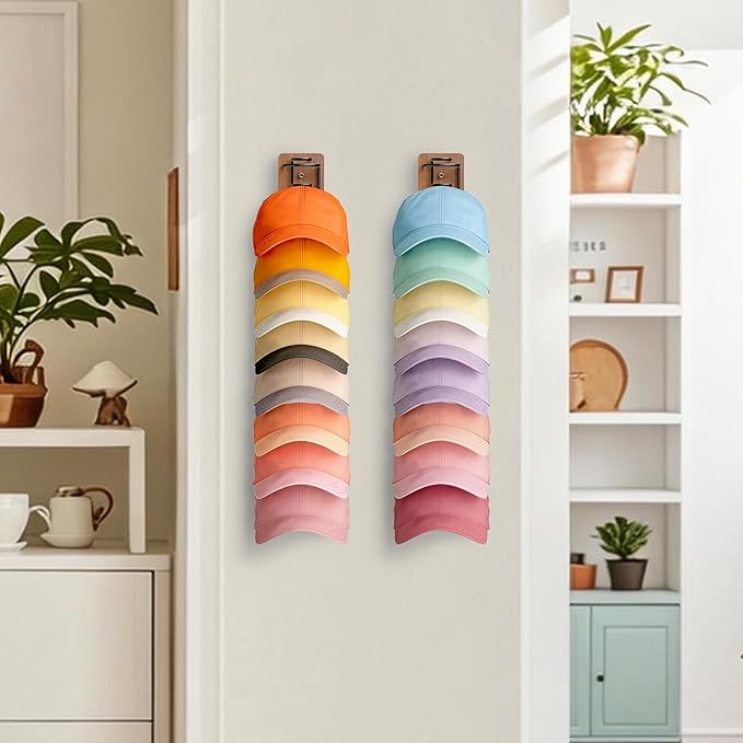 2 Pack Hat Organizer for Baseball Caps, Wood & Metal Hat Rack for Wall, Hat Storage for 22 Caps with Strong Adhesive/Wall Drilled for Door, Wall and Closet (Brown)