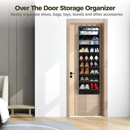 Over the Door Shoe Organizer, 1 Pack 8 Shelves Over The Door Shoe Organizer, 68" Exlarge Deep Pockets Hanging Shoe Organizer, Shoe Holder for Boots,Over Door Organizer in Home, RV, Dorm, Black