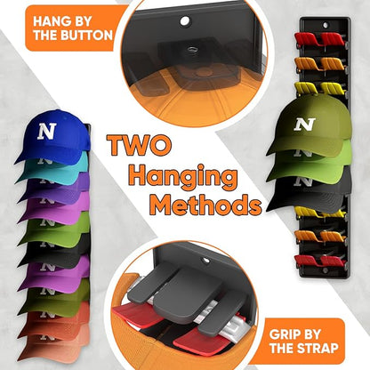 Hat Organizer for Baseball Caps, 2 Pack Wall Mount Hat Rack with Spring Clips, Holds 20 Caps, Black Hat Holder for Closet Door