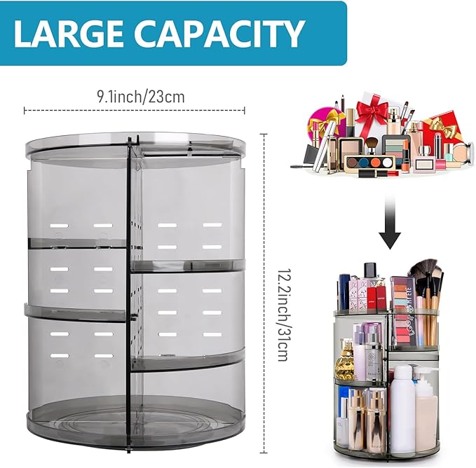 360 Rotating Makeup Organizer, Spinning Skincare Organizer,Cosmetic Display Case with Brush Holder Perfume Tray, Multi-Function Storage Carousel for Vanity Bathroom Countertop