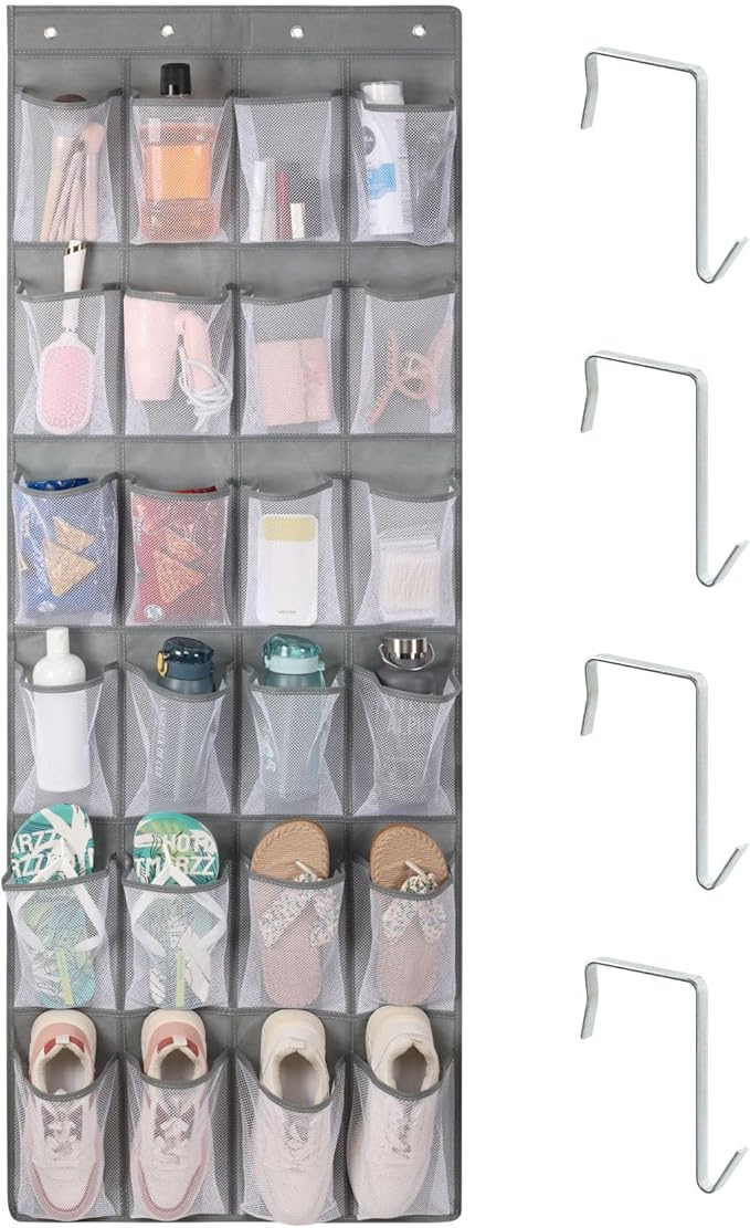 F-color Large Hanging Organizer - Over the Door Shoe Organizer, Cruise Essentials for Closet & Pantry, 24 Breathable Mesh Pockets, Space Saving Hanging Storage Holder with 4 Heavy-Duty Metal Hooks