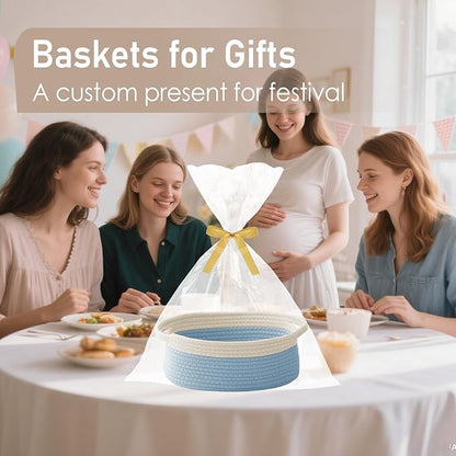 JMvicyroam Woven Basket,Small Rope Storage Bin with Handles & Ribbon Bag, Organizer for Shelves Closets,Gift Basket Empty for Birthday,Books,Dog Toys, White&Blue/3 Pack