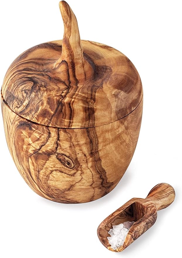 Forest Decor Wooden Salt Box with Scoop - Wood Salt Cellar with Lid - Handmade Spice Holder - Salt Keeper Spice Storage Box - Eco-friendly Bath Salt Container - Olive Wood Pepper Bowls & Spice Jars