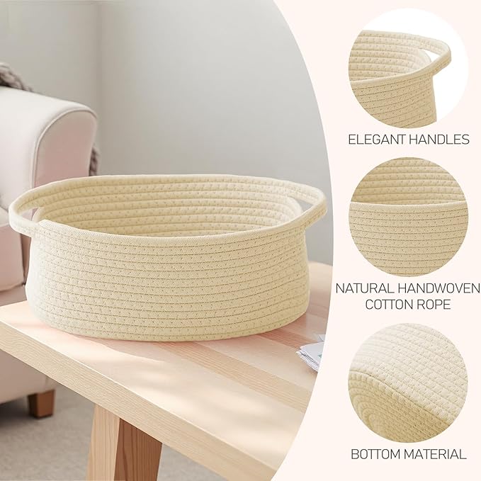 JMvicyroam Woven Basket,Small Rope Storage Bin with Handles & Ribbon Bag, Organizer for Shelves Closets,Gift Basket Empty for Birthday,Books,Dog Toys,Beige