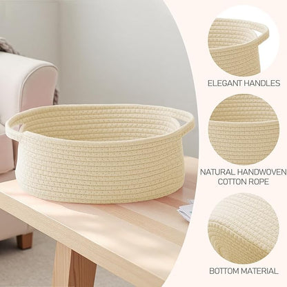JMvicyroam Woven Basket,Small Rope Storage Bin with Handles & Ribbon Bag, Organizer for Shelves Closets,Gift Basket Empty for Birthday,Books,Dog Toys,Beige