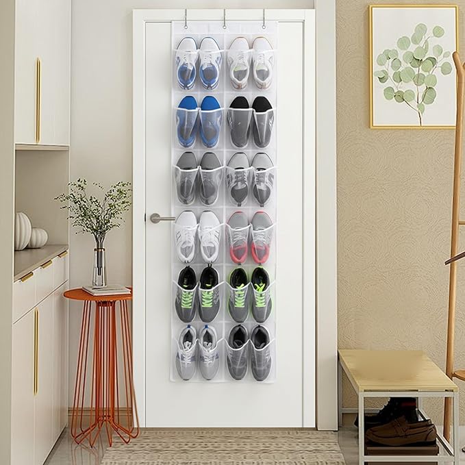 24 Mesh Pocket Over The Door Shoe Organizer, Space Saving Hanging Storage Holder with Hooks, 64x19 Inch White