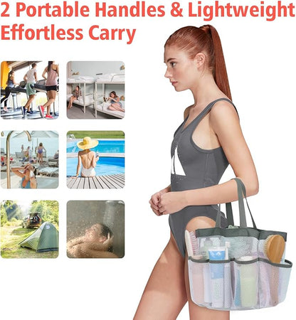 F-color Mesh Shower Caddy Portable, Upgrade Deeper 7 Pockets Shower Bag Basket Tote for College Dorm Room Toiletry Bathroom Essentials Gym Camp Quick Dry 2 handles with S Hook, White