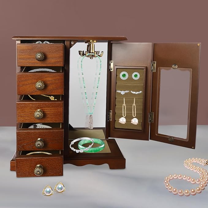 Wooden Jewelry Box, Jewelry Organizer with 5 Drawers, Large Storage Space Desktop Jewelry Storage Box with Anti-Slip Feet,for Organizing Necklaces, Bracelets, Earrings (Dark Wood Color)