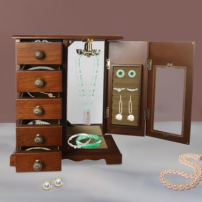 Wooden Jewelry Box, Jewelry Organizer with 5 Drawers, Large Storage Space Desktop Jewelry Storage Box with Anti-Slip Feet,for Organizing Necklaces, Bracelets, Earrings (Dark Wood Color)