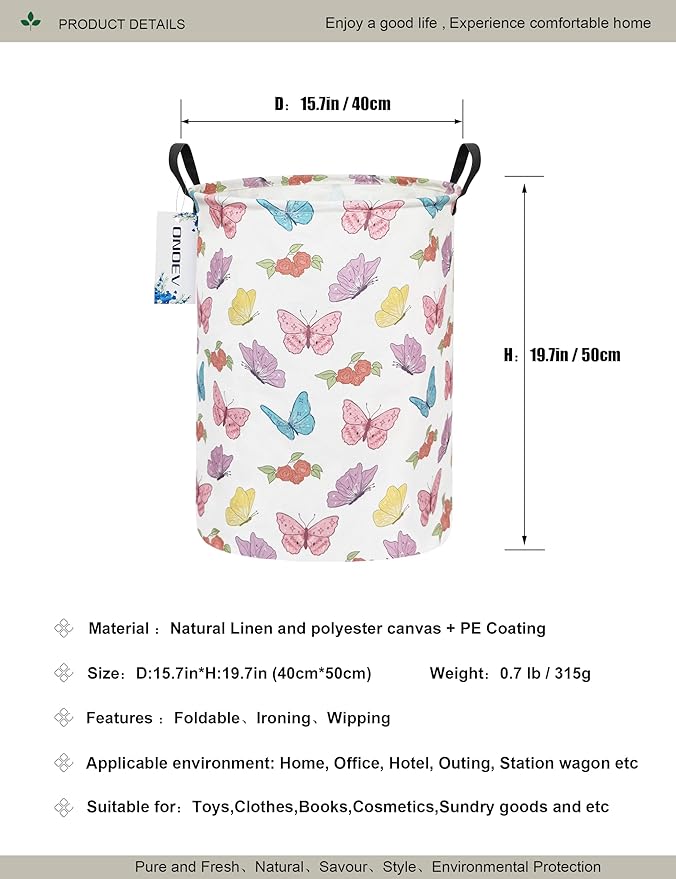 Round Waterproof Laundry Basket,Foldable Storage Basket,Laundry Hampers With Handle,Gift Basket,Suitable for Children's Room and Toy Storage (Butterfly)