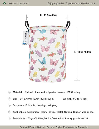 Round Waterproof Laundry Basket,Foldable Storage Basket,Laundry Hampers With Handle,Gift Basket,Suitable for Children's Room and Toy Storage (Butterfly)