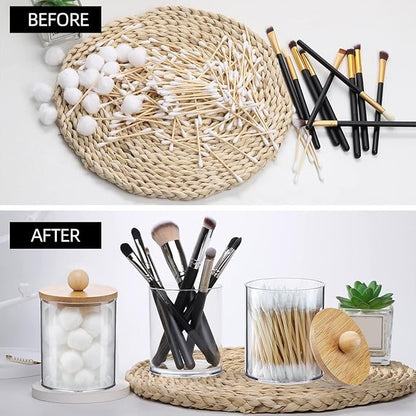 3Pcs Acrylic Qtip Holder Dispenser with Bamboo Lids ClearBathroom Jars with Tray Cotton Swab Storage Dispenser Reusable Bathroom Canisters Swab Ball Holder Dispenser for Makeup Cotton Swab Floss Pick