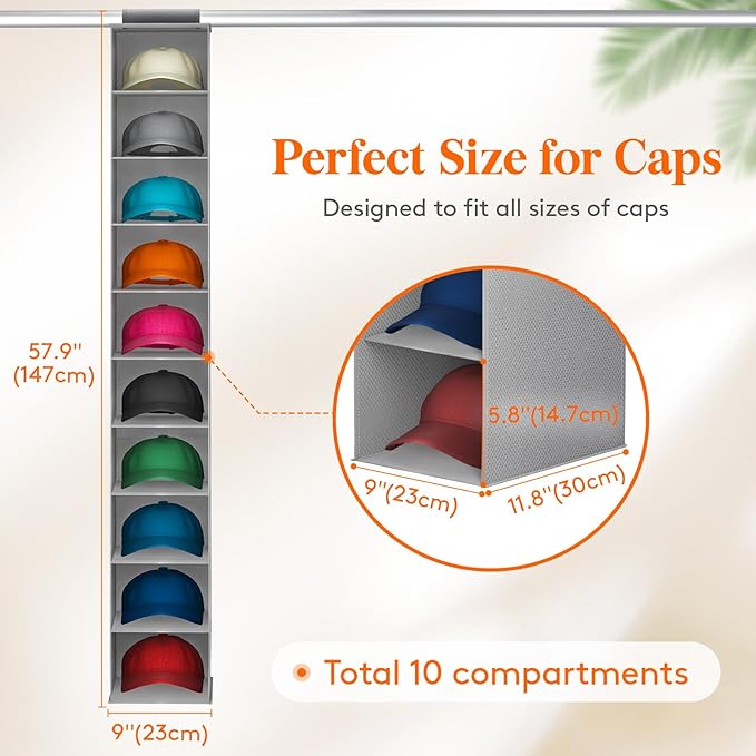 Lifewit Hat Organizer for Baseball Caps, Hat Rack Hanging Storage, Non-Woven Fabric Display Shelf Holds Up to 40 Hats, Cap Holder Hanger for Closet, Bedroom, 10 Compartments, Gray, 2 Packs