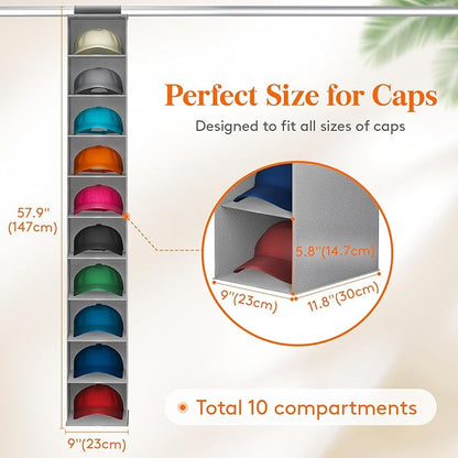 Lifewit Hat Organizer for Baseball Caps, Hat Rack Hanging Storage, Non-Woven Fabric Display Shelf Holds Up to 40 Hats, Cap Holder Hanger for Closet, Bedroom, 10 Compartments, Gray, 2 Packs
