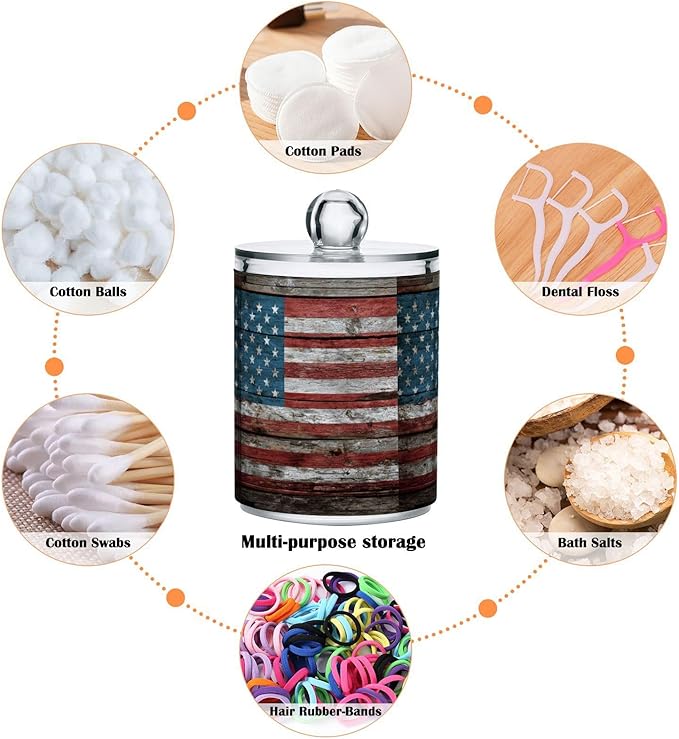 Gredecor 2 Pack Qtip Holder Clear Retro Americana Flag Apothecary Jars with Lids Acrylic Bathroom Jars Vanity Countertop Canister Storage Organizer for Cotton Ball,Swabs,Pads,Floss