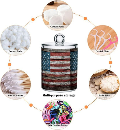 Gredecor 2 Pack Qtip Holder Clear Retro Americana Flag Apothecary Jars with Lids Acrylic Bathroom Jars Vanity Countertop Canister Storage Organizer for Cotton Ball,Swabs,Pads,Floss