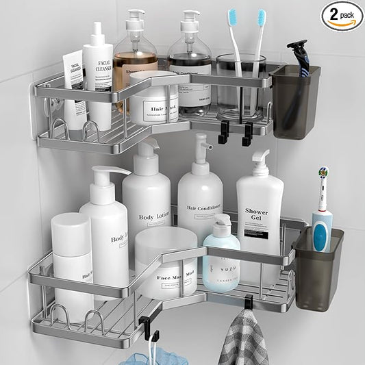 Corner Shower Caddy Bathroom Organizer: AKTECKE 2 Pack Adhesive Shelf Decor- No Drilling Stainless Steel Storage Rack with Hooks and Toothpaste Holder - Accessories Stuff