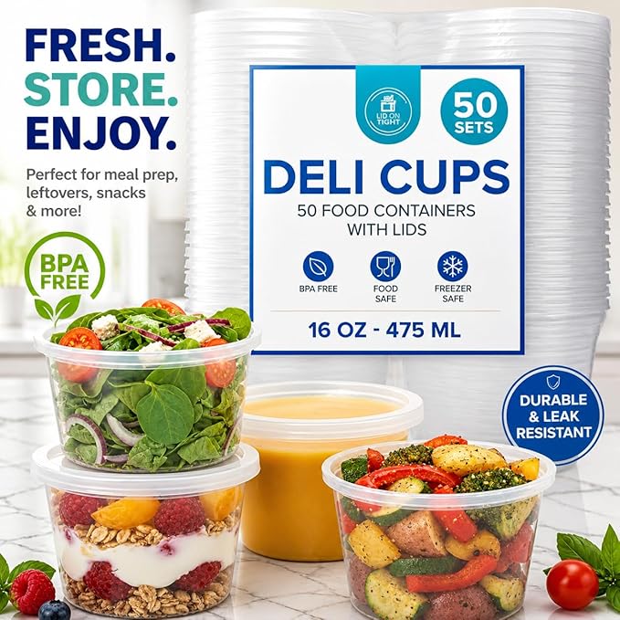 Healthy Packers 50 Set 16 oz Plastic Deli Containers with Lids – Clear Plastic Containers with Lids for Food – BPA Free, Leakproof, Stackable, Microwave & Freezer Safe