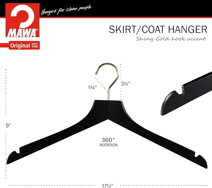 MAWA by Reston Lloyd, European Wooden Hanger, Beech Wood Straight Hanger with Shoulder Notches, Rotating Gold Hook, Black Finish, for Shirts, Blazers, Dress Clothes, Set of 5 (27115)