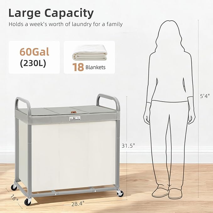 STORAGE MANIAC 3 Section Laundry Sorter, 60 Gal. Laundry Hamper Cart with Heavy Duty Rolling Lockable Wheels and Removable Bags, Clothes Organizer Basket Clothes Separator Hamper, Beige with Lid