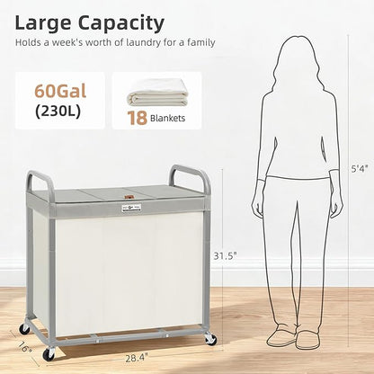 STORAGE MANIAC 3 Section Laundry Sorter, 60 Gal. Laundry Hamper Cart with Heavy Duty Rolling Lockable Wheels and Removable Bags, Clothes Organizer Basket Clothes Separator Hamper, Beige with Lid