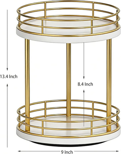 2-Tier Rotating Bathroom Countertop Organizer, Wooden Makeup Vanity Storage, Multifunctional Lazy Susan Turntable for Skincare, Perfume and Cosmetics (White-Gold)