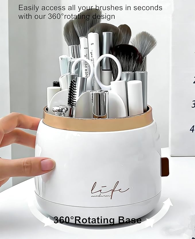 360 Rotating Makeup Brush Holder with Lid Clear Dustproof Make Up Organizers for Vanity Countertop Includes a Foldable Bowl for Cleaning Makeup Brush Transparent Dustproof (White)