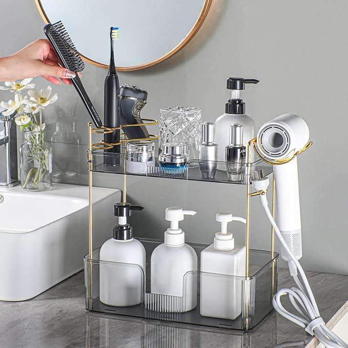 shuang qing 2 Tier Bathroom Counter Organizer with Hair Dryer Holder, Hair Tool Countertop Storage, Cosmetics Skincare Shelf, Makeup Organizer Perfume for Dresser Vanity Tray - Grey